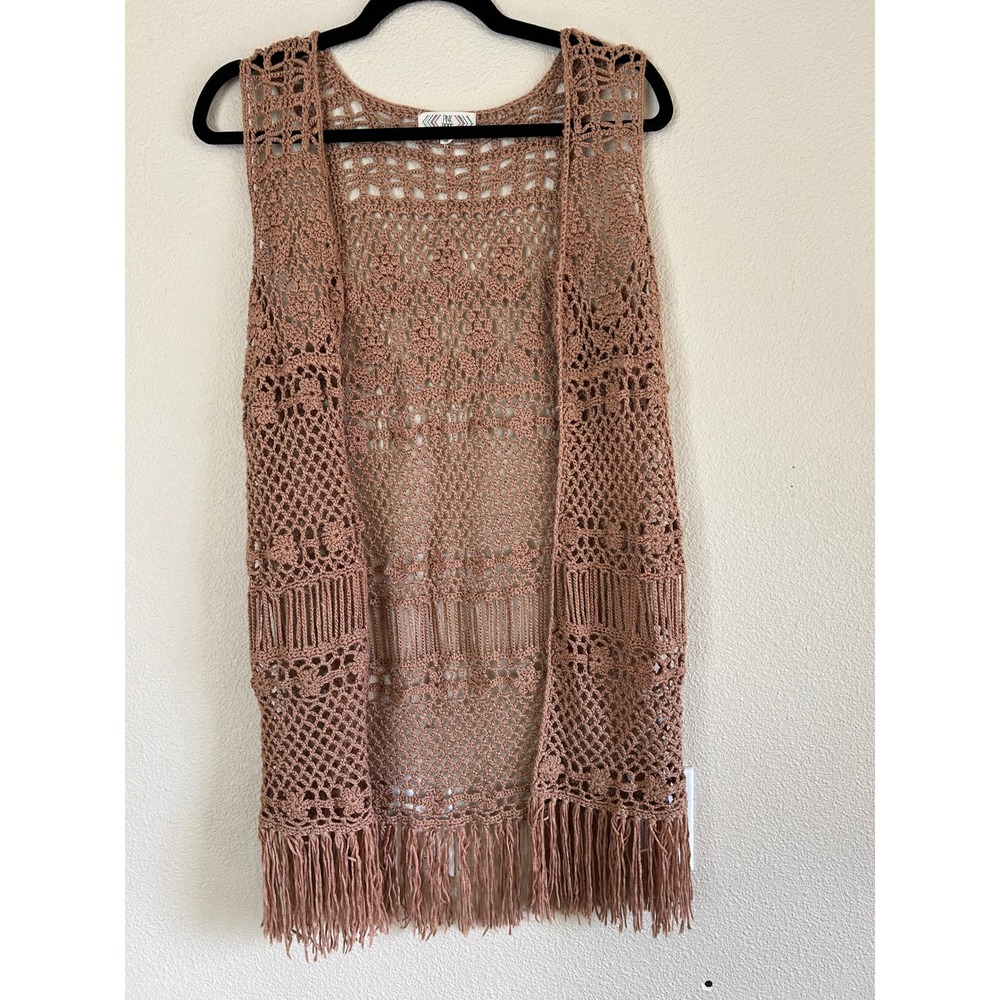 EUC Women's Brown Floral Crochet Knit Fringe Long Vest By Pink Rose Size Large L
